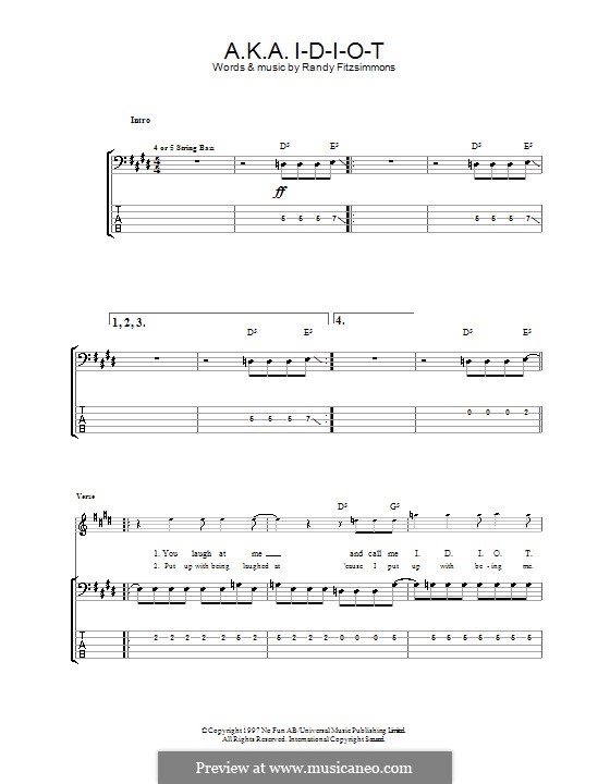 A.K.A. I-D-I-O-T (The Hives): For bass guitar with tab by Randy Fitzsimmons