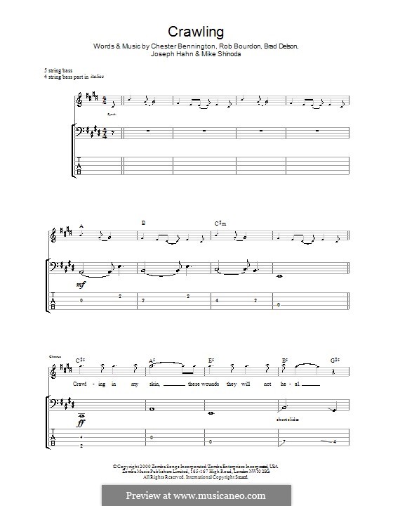 Crawling (Linkin Park): For bass guitar with tab by Brad Delson, Charles Bennington, Joseph Hahn, Mike Shinoda, Rob Bourdon