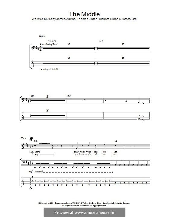 The Middle (Jimmy Eat World): For bass guitar with tab by James Adkins, Richard Burch, Thomas D. Linton, Zachary Lind