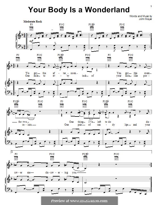 Your Body Is a Wonderland: For voice and piano (or guitar) by John Mayer
