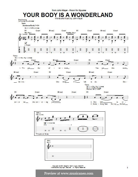 Your Body Is a Wonderland: For guitar with tab by John Mayer