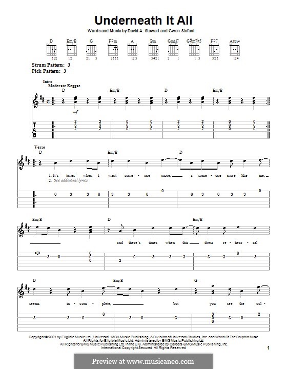 Underneath It All (No Doubt): For guitar (very easy version) by David A. Stewart, Gwen Stefani
