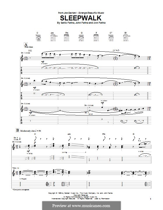 Sleepwalk (Santo & Johnny): For guitar with tab by Ann Farina, John Farina, Santo Farina