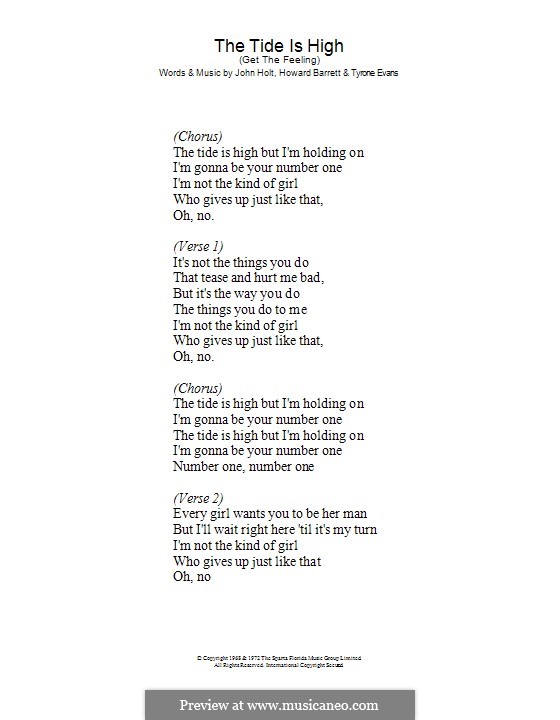 The Tide is High (Get the Feeling): Lyrics only (Atomic Kitten/Blondie) by Bill Padley, Howard Barrett, Jeremy Godfrey, John Holt, Tyrone Evans