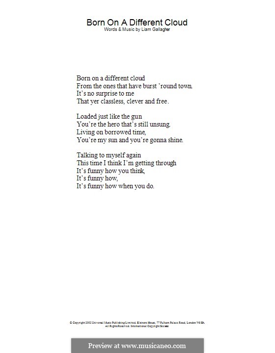 Born on a Different Cloud (Oasis): Lyrics only by Liam Gallagher