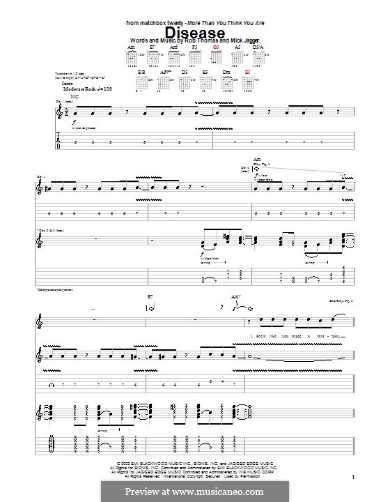 Disease (Matchbox Twenty): For guitar with tab by Mick Jagger, Rob Thomas