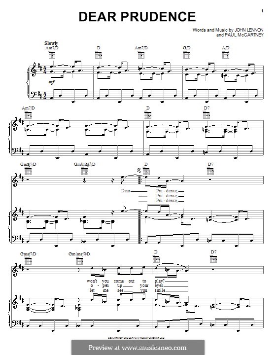 Dear Prudence (The Beatles): For voice and piano or guitar by John Lennon, Paul McCartney