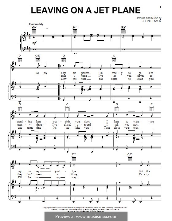 Leaving On A Jet Plane By J Denver Sheet Music On Musicaneo