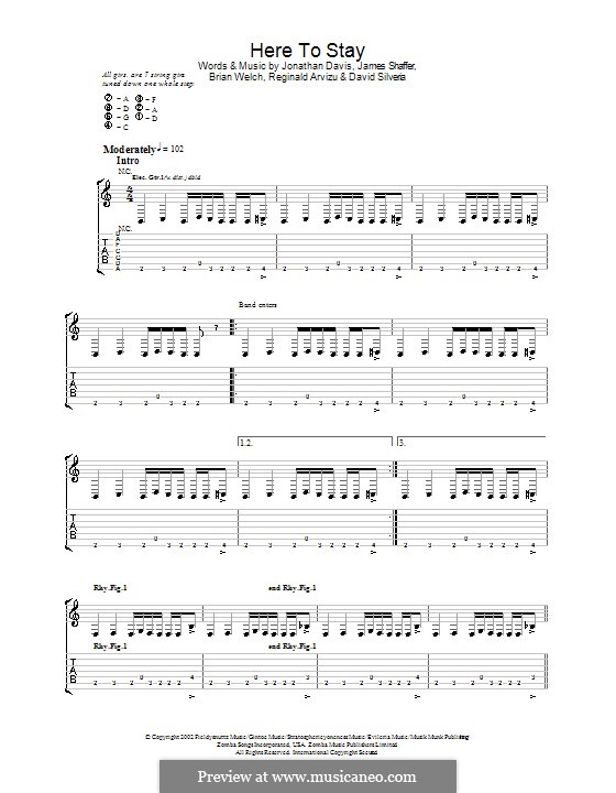 Here To Stay (Korn): For guitar with tab by Brian Welch, David Silveria, James Shaffer, Jonathan Davis, Reginald Arvizu