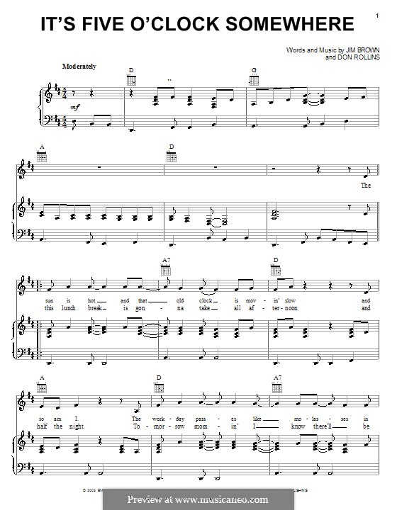 It's Five O'Clock Somewhere (Alan Jackson & Jimmy Buffett): For voice and piano (or guitar) by Don Rollins, James Brown