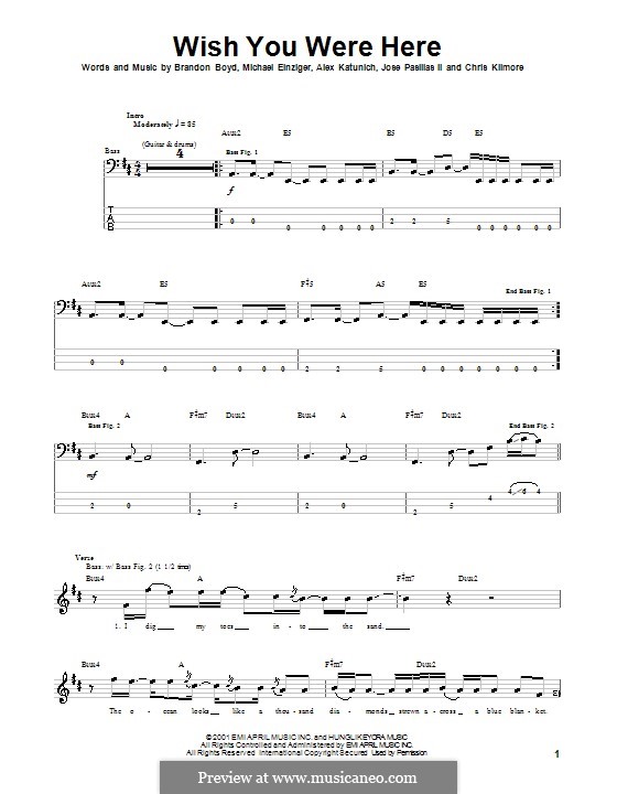 Wish You Were Here (Incubus): For bass guitar with tab by Alex Katunich, Brandon Boyd, Michael Einziger