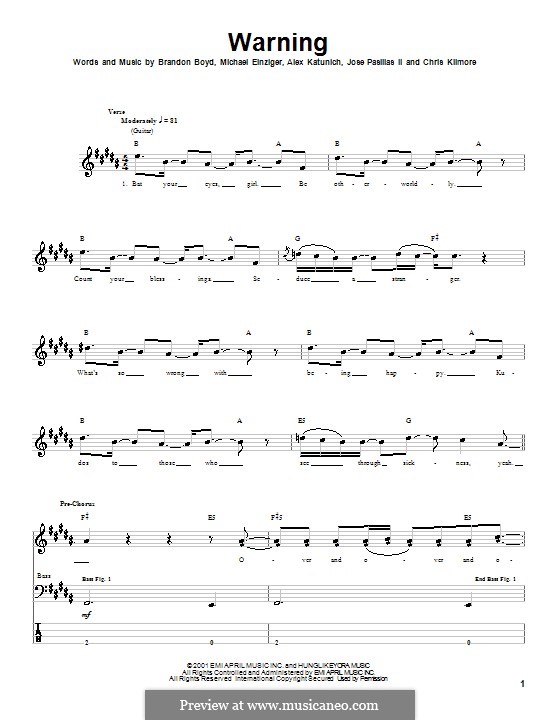 Warning (Incubus): For bass guitar with tab by Alex Katunich, Brandon Boyd, Michael Einziger