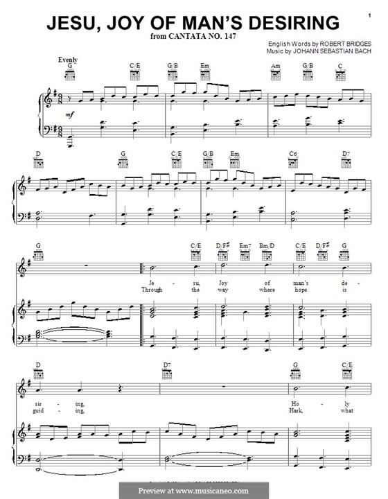 Jesu, Joy of Man's Desiring (Printable Scores): For voice and piano (or guitar) by Johann Sebastian Bach