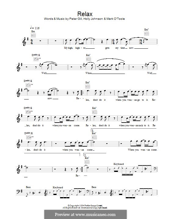 Relax (Frankie Goes To Hollywood): Melody line, lyrics and chords by Holly Johnson, Mark O'Toole, Peter Gill