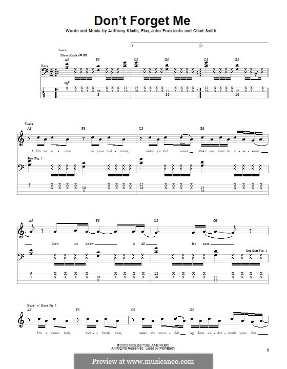 Don't Forget Me (Red Hot Chili Peppers): For bass guitar with tab by Flea, Anthony Kiedis, Chad Smith, John Frusciante