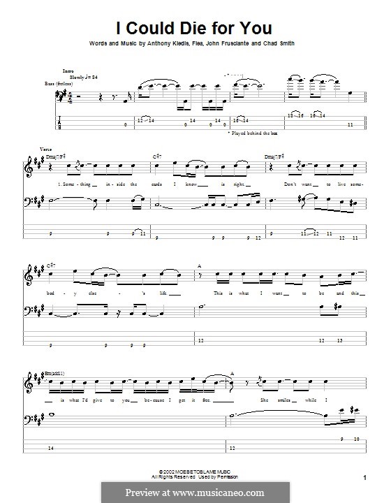 I Could Die for You (Red Hot Chili Peppers): For bass guitar with tab by Anthony Kiedis, John Frusciante
