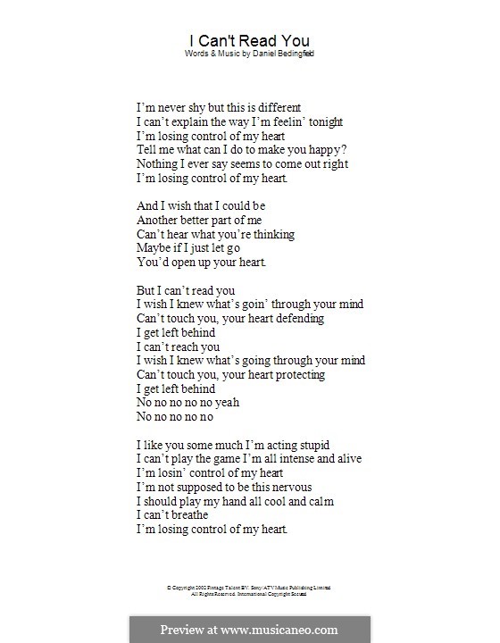 I Can't Read You: Lyrics only by Daniel Bedingfield