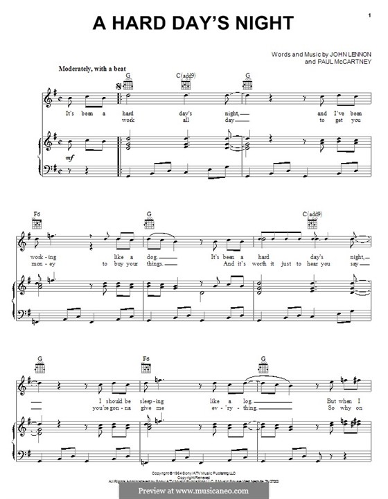 A Hard Day's Night (The Beatles): For voice and piano (or guitar) by John Lennon, Paul McCartney