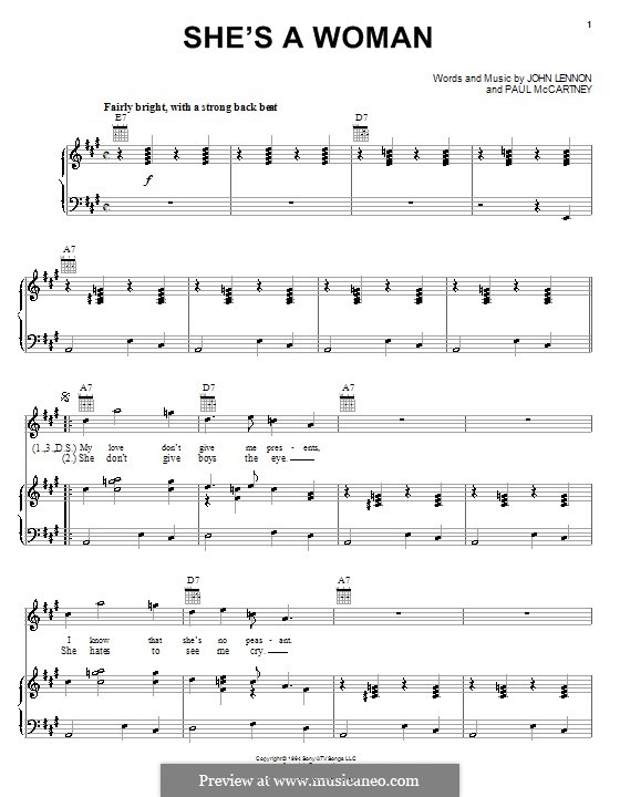 She's a Woman (The Beatles): For voice and piano (or guitar) by John Lennon, Paul McCartney