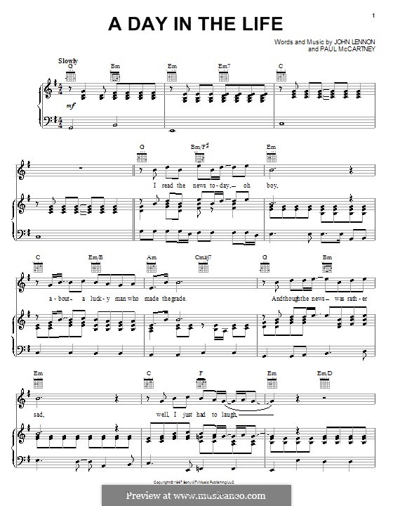 A Day in the Life (The Beatles): For voice and piano (or guitar) by John Lennon, Paul McCartney