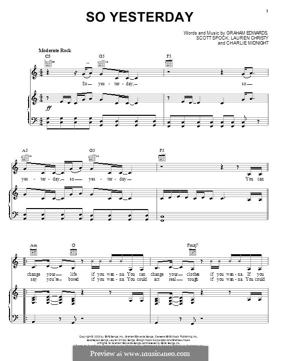 So Yesterday (Hilary Duff): For voice and piano (or guitar) by Graham Edwards, Lauren Christy, Scott Spock