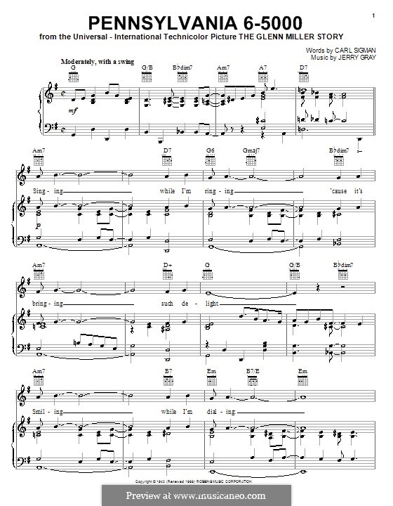 Pennsylvania 6-5000: For voice and piano (or guitar) by Carl Sigman, Jerry Gray