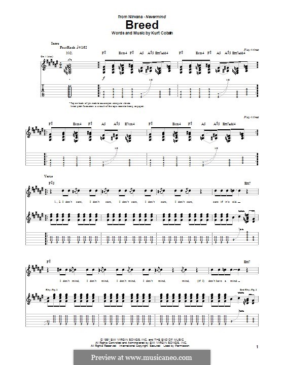 Breed (Nirvana): For guitar with tab by Kurt Cobain