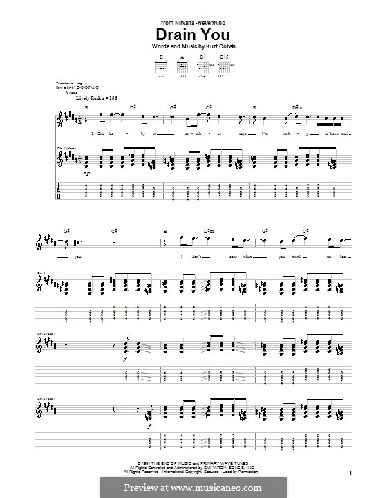 Drain You (Nirvana): For guitar with tab by Kurt Cobain