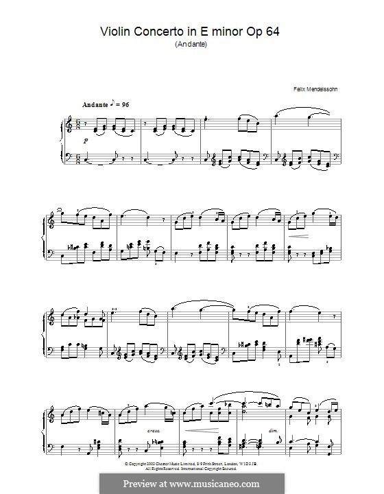 Concerto for Violin and Orchestra in E Minor, Op.64: Movement II. Version for piano by Felix Mendelssohn-Bartholdy