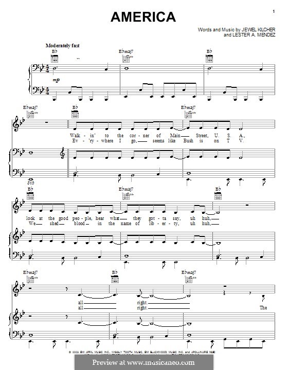 America (Jewel): For voice and piano (or guitar) by Jewel Kilcher, Lester A. Mendez