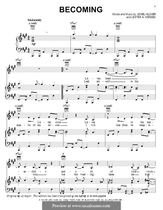 Becoming (Jewel): For voice and piano (or guitar) by Jewel Kilcher, Lester A. Mendez