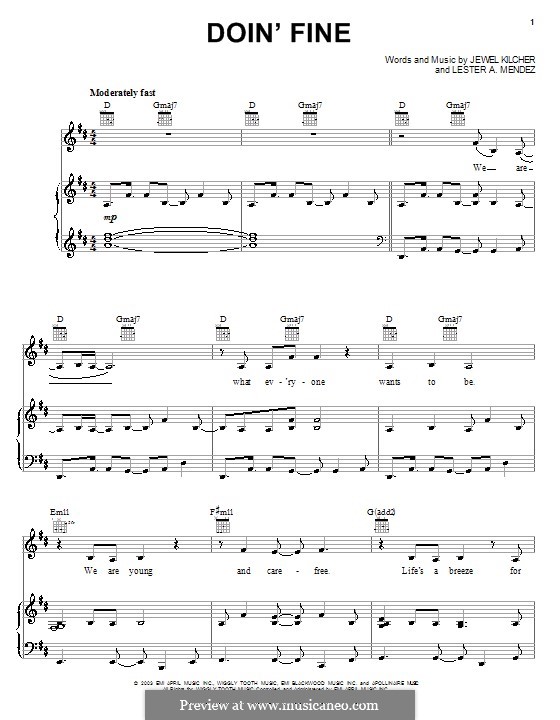 Doin' Fine (Jewel): For voice and piano (or guitar) by Jewel Kilcher, Lester A. Mendez