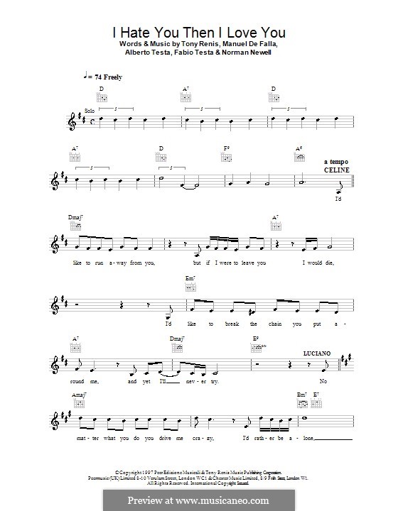 I Hate You Then I Love You By C Dion Sheet Music On Musicaneo
