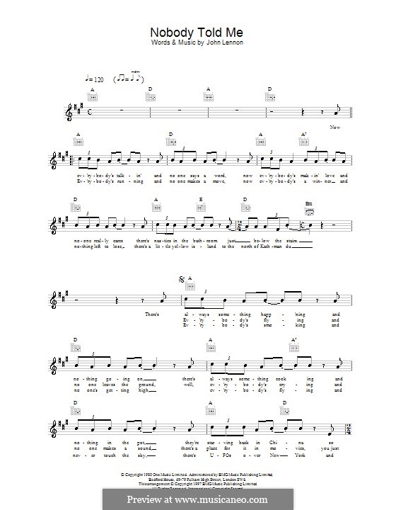 Nobody Told Me by J Lennon sheet music on MusicaNeo