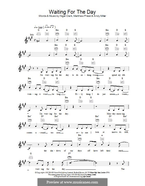 Waiting for the Day (Dodgy): Melody line, lyrics and chords by Andy Miller, Mathew Priest, Nigel Clark
