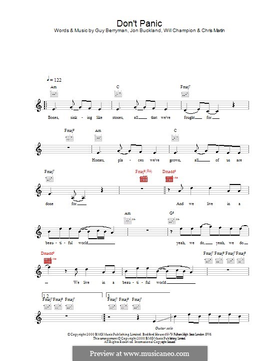 Don't Panic (Coldplay): Melody line, lyrics and chords by Chris Martin, Guy Berryman, Jonny Buckland, Will Champion