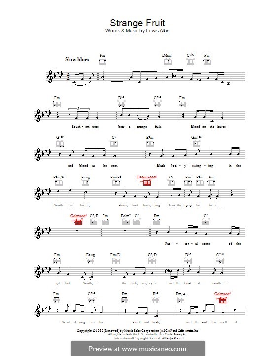Strange Fruit: Melody line, lyrics and chords (Billie Holiday) by Lewis Allan