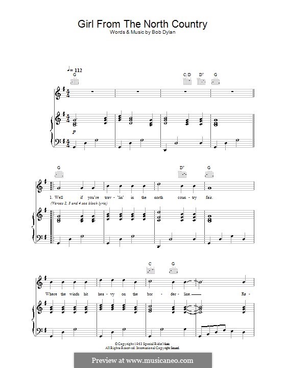 Girl from the North Country by B. Dylan - sheet music on MusicaNeo