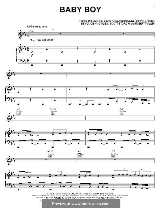 Baby Boy (Beyonce feat. Sean Paul): For voice and piano (or guitar) by Beyoncé, Robert Waller, Scott Storch, Sean Paul Henriques, Jay-Z, Ini Kamoze