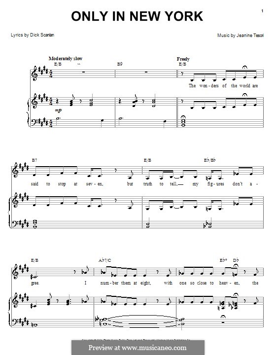 Only in New York (from Thoroughly Modern Millie): For voice and piano (or guitar) by Jeanine Tesori