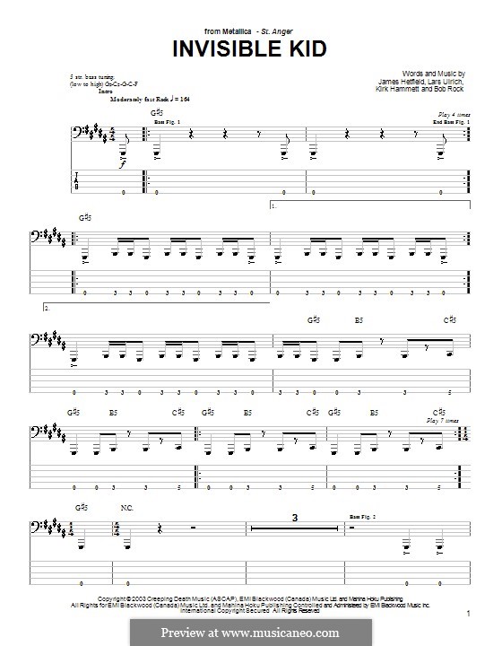 Invisible Kid (Metallica): For bass guitar with tab by Bob Rock, James Hetfield, Kirk Hammett, Lars Ulrich