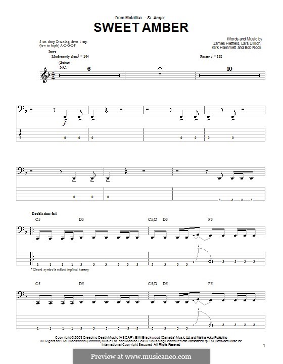 Sweet Amber (Metallica): For bass guitar with tab by Bob Rock, James Hetfield, Kirk Hammett, Lars Ulrich