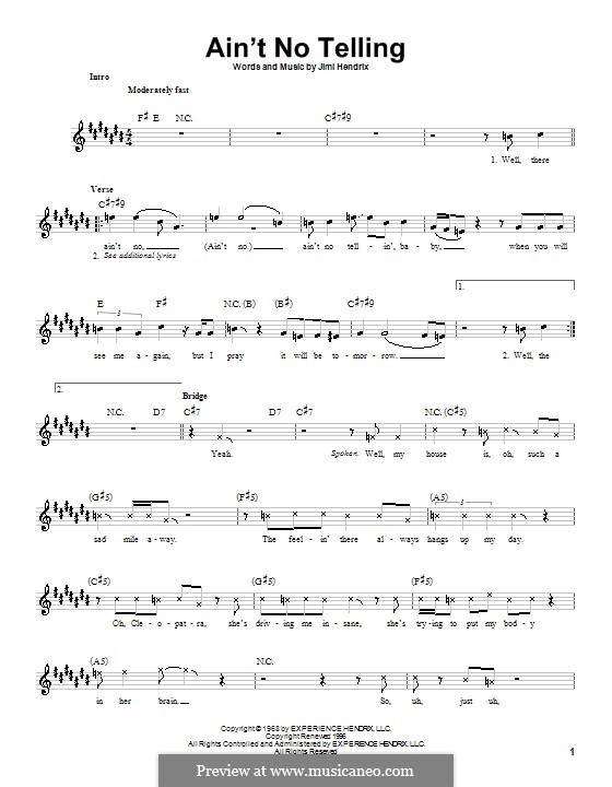 Ain't No Telling: Melody line, lyrics and chords by Jimi Hendrix