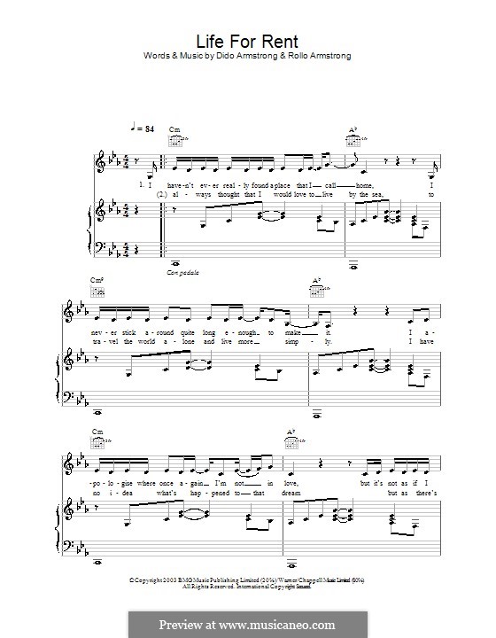 Life for Rent (Dido): For voice and piano (or guitar) by Dido Armstrong, Rollo Armstrong