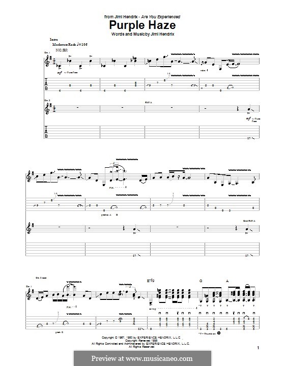 Purple Haze by J. Hendrix sheet music on MusicaNeo