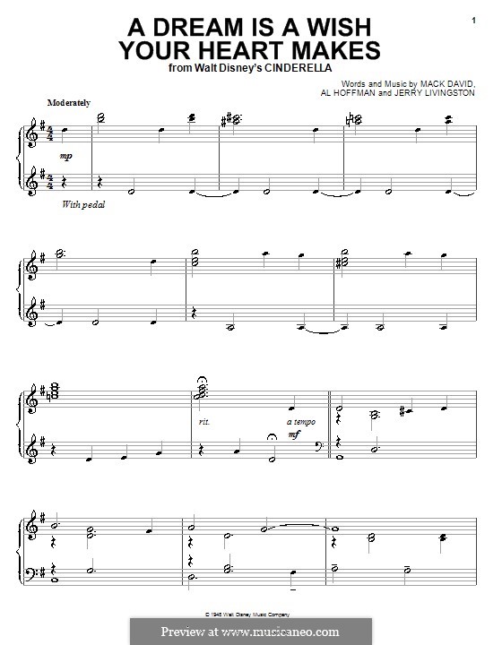A Dream Is a Wish Your Heart Makes (from Disney's Cinderella): For piano by Al Hoffman, Jerry Livingston, Mack David