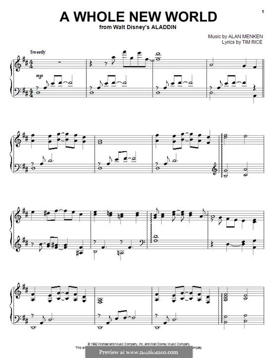 A Whole New World (from Aladdin), for Piano: High quality sheet music by Alan Menken