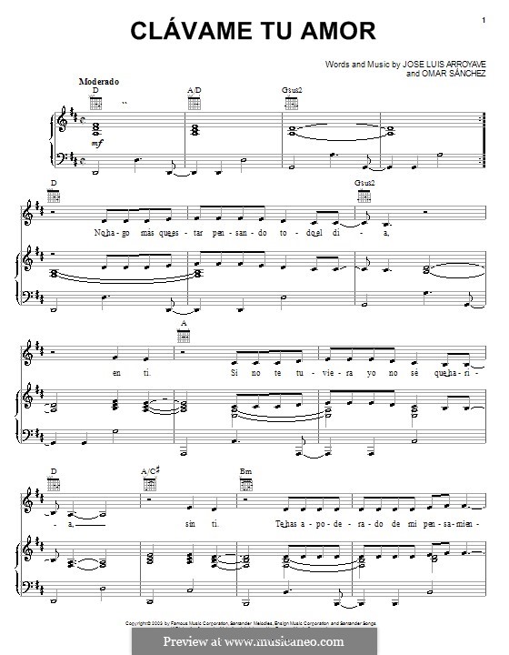 Clavame tu Amor: For voice and piano (or guitar) by Omar Sanchez