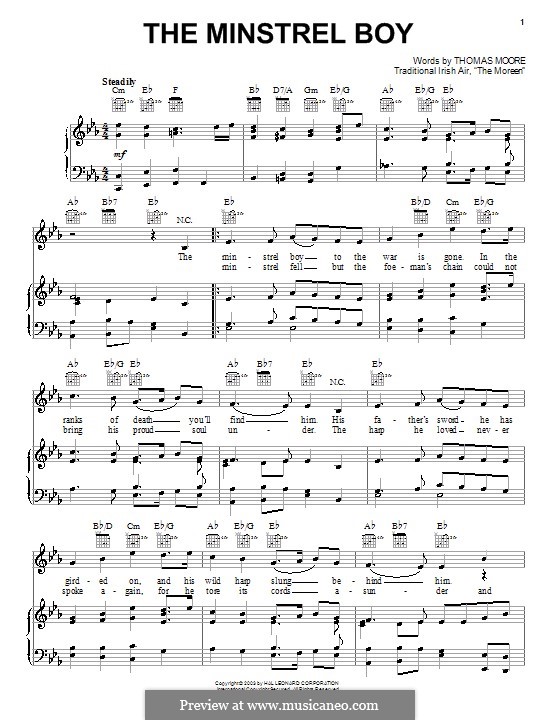 The Minstrel Boy (printable score): For voice and piano (or guitar) by folklore