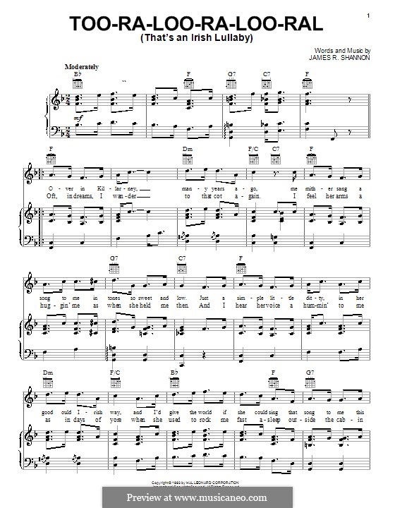 Too-Ra-Loo-Ra-Loo-Ral (That's an Irish Lullaby): For voice and piano (or guitar) by James Royce Shannon